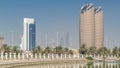View of skyscrapers skyline with Al Bahr towers in Abu Dhabi . United Arab Emirates