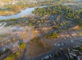 View of the sleeping area from panorama from a height a beautiful morning mist of the river foggy morning Royalty Free Stock Photo