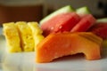 View of slices of Papaya, Watermelon and Pineapple