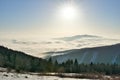 View from Slubica peak during sunrise with inversion mist over the valley Royalty Free Stock Photo