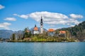 View on small church on Bled island on lake Bled close to Bled