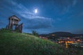 View of Small City from the Hill with Observation Tower at Twilight