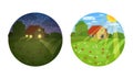 View of Small Country House in Different Times of the Day Set, Rural Summer Landscape of Circular Shape Cartoon Vector Royalty Free Stock Photo