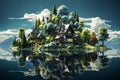 view of a small fairy-tale island and a village with fabulous houses in the middle of the sea, a summer landscape with a