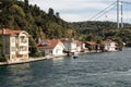 View of a small fishing boat, historical and traditional mansions by Bosphorus in Kanlica Royalty Free Stock Photo