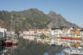 View on the small harbor of fishing village HenningsvÃ¦r, Lofoten islands, Norway Royalty Free Stock Photo
