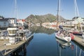 View on the small harbor of fishing village HenningsvÃ¦r, Lofoten islands, Norway Royalty Free Stock Photo