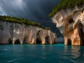 A view of a small lagoon with clear cyan water and a sea shore with sea caves in Kavo Greko, near touristic city Aiya Napa, Cyprus