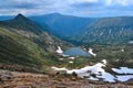 view of small mountain lake in form of heart among snowy glaciers, green mountain ranges overgrown with trees, Chersky peak Royalty Free Stock Photo