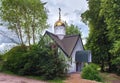 View of the the small orthodox chapel of St. George the Victorious, built in 2013-2014 in the village of Krasnolesye former Gross