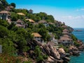 View of small resort huts on the shore. Holiday in Thailand, Koh Tao.