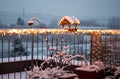 View of small roof garden with plants and wooden birdhouse feeder covered by christmas lights. Snow and cold weather during winter