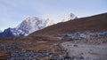 View of small Sherpa village Lobuche, one of the last stops on Everest Base Camp Trek, with stone houses.