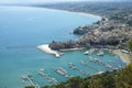 View on small Sicilian seaside town Castellammare del Golfo and golden beaches of Alcamo marina,  located in western part of Royalty Free Stock Photo