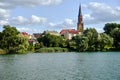 View of the small town of Lubniewice with a gothic belfry by a lake