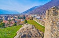 The view on vineyards on the slopes of Castelgrande fortress in .Bellinzona, Switzerland