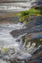 View of small waterfall on river with detail of water foam, rocks and river vegetation Royalty Free Stock Photo