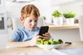 View of smart cute boy using smartphone before lunch in kitchen at home