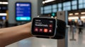 A smartwatch showing meeting reminders in front of an airport gate