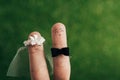 View of smiling wedding couple of fingers on green Royalty Free Stock Photo