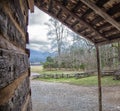 View of smoky mountain side from log cabin front porch Royalty Free Stock Photo