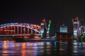 View of Smolny Cathedral through the divorced Bolsheokhtinsky bridge at night. Saint Petersburg Royalty Free Stock Photo