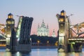 View of the Smolny Cathedral and the divorced Bolsheokhtinsky bridge during the white nights. St. Petersburg. Russia Royalty Free Stock Photo