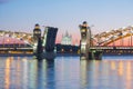 View of the Smolny Cathedral and the divorced Bolsheokhtinsky bridge during the white nights. St. Petersburg. Russia Royalty Free Stock Photo