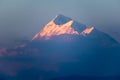 A view of the snow capped peak of Mount Trishul