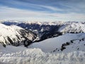 View of the snow-capped peaks of the rocky mountains. Scenery of alpine landscape in winter Royalty Free Stock Photo