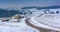 View of snow covered hills and fields in rural York County, Penn Royalty Free Stock Photo