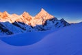 View of snow covered landscape with Dent Blanche mountains and Weisshorn mountain in the Swiss Alps near Zermatt. Panorama Royalty Free Stock Photo