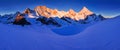 View of snow covered landscape with Dent Blanche mountains and Weisshorn mountain in the Swiss Alps near Zermatt. Panorama Royalty Free Stock Photo