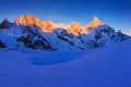 View of snow covered landscape with Dent Blanche mountains and Weisshorn mountain in the Swiss Alps near Zermatt. Panorama Royalty Free Stock Photo