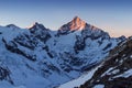 View of snow covered landscape with Dent Blanche mountains and Weisshorn mountain in the Swiss Alps near Zermatt. Panorama Royalty Free Stock Photo