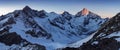 View of snow covered landscape with Dent Blanche mountains and Weisshorn mountain in the Swiss Alps near Zermatt. Panorama Royalty Free Stock Photo