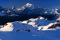 View of snow covered landscape with Weisshorn mountain in the Swiss Alps near Zermatt. Panorama of the Weisshorn and surrounding Royalty Free Stock Photo