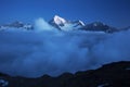 View of snow covered landscape with Weisshorn mountain in the Swiss Alps near Zermatt. Panorama of the Weisshorn near Zermatt Royalty Free Stock Photo