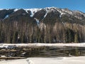 A view of snow covered Lillooet Lake with driftwoods floating on the surface of the lake Royalty Free Stock Photo