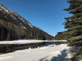 A view of snow covered Lillooet Lake with driftwoods floating on the surface of the lake Royalty Free Stock Photo