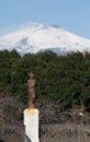 View of snow covered Mount Etna from Giardino Bellini in Catania, Sicily