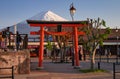 View of snow covered Mount Fuji in calm spring evening