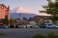View of snow covered Mount Fuji in calm spring evening