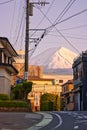 View of snow covered Mount Fuji in calm spring evening Royalty Free Stock Photo