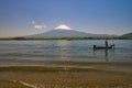 View of snow covered Mount Fuji and lake Kawaguchiko