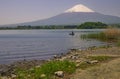 View of snow covered Mount Fuji and lake Kawaguchiko