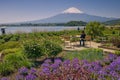 View of snow covered Mount Fuji and lake Kawaguchiko