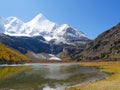 View of snow covered mountain peaks, lake and bharals or blue sheep