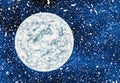 View of snow-covered planet against the background of cosmic snowfall