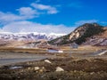 View of snow mountain and small tibetan temple in Sichuan